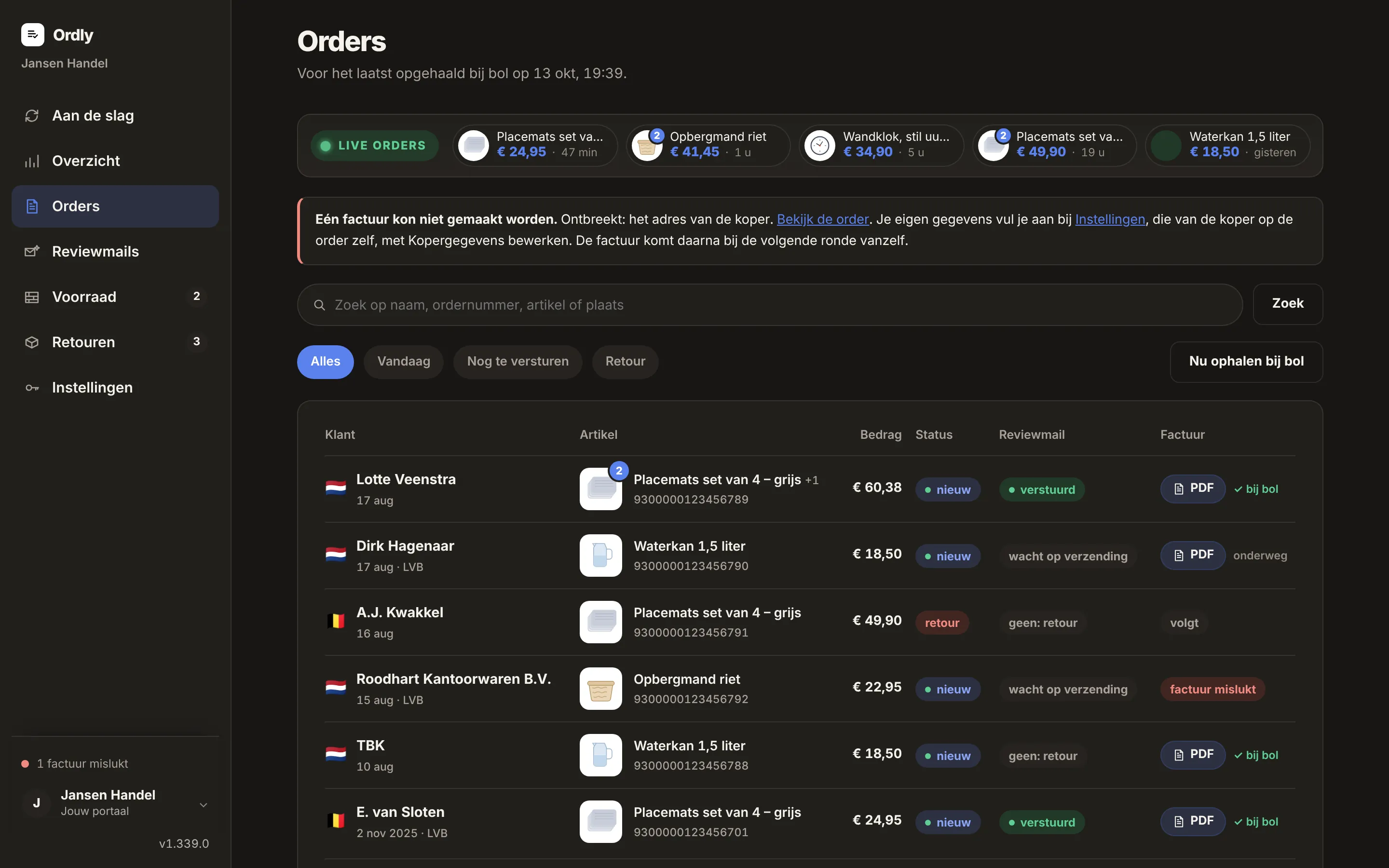 Orders in het portaal